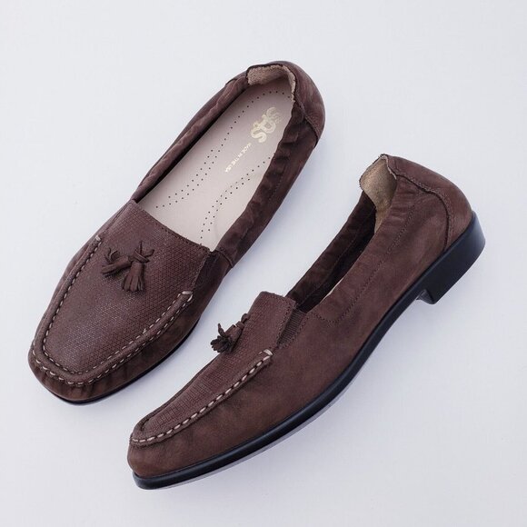 SAS Womens 9.5 Hope Brown Turf Slip On Comfort Loafers Leather Tassel Square Toe - Picture 1 of 9